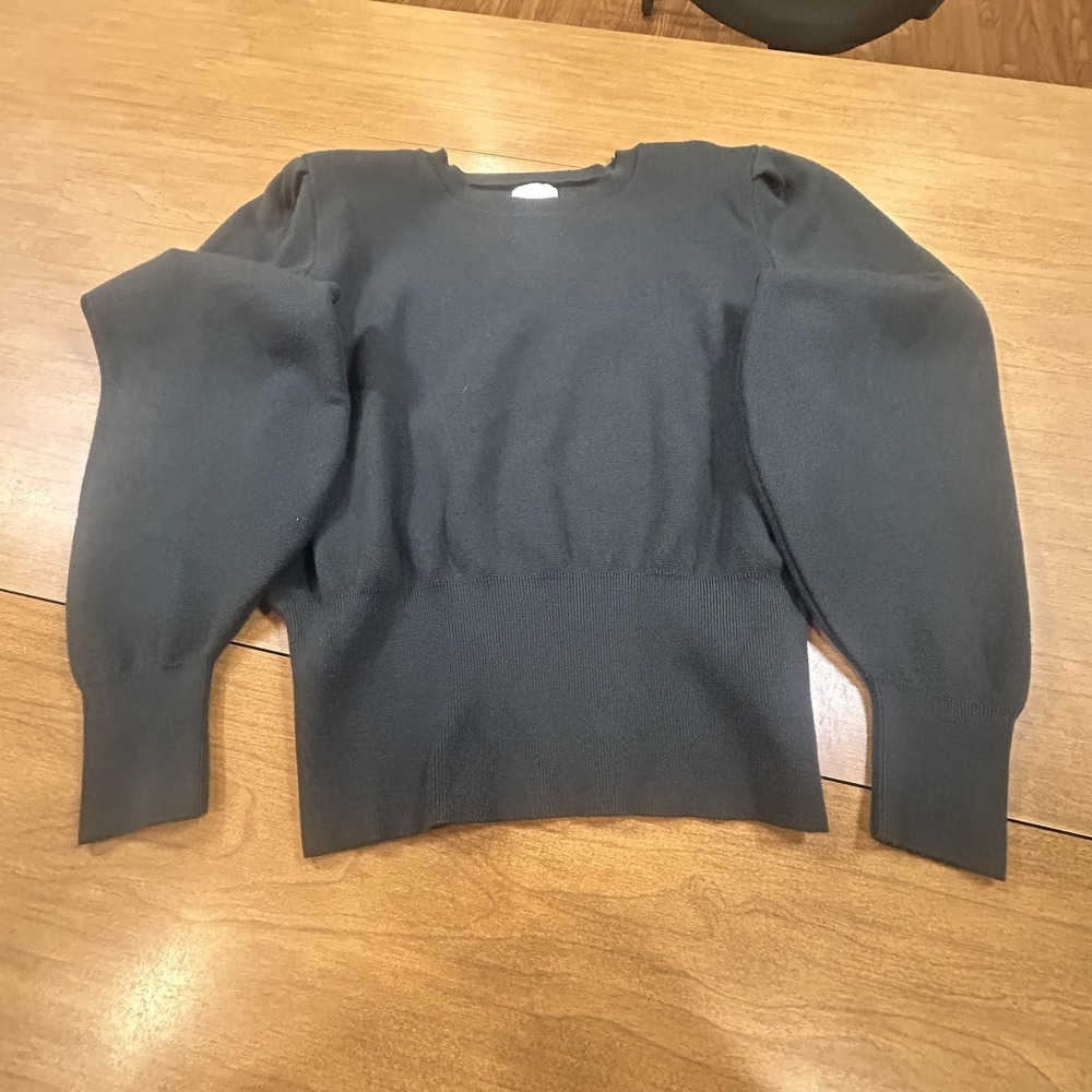 H&M Sweater Womens Medium Black Puff Sleeve Crew‎ Neck Knit Pullover Ribbed
